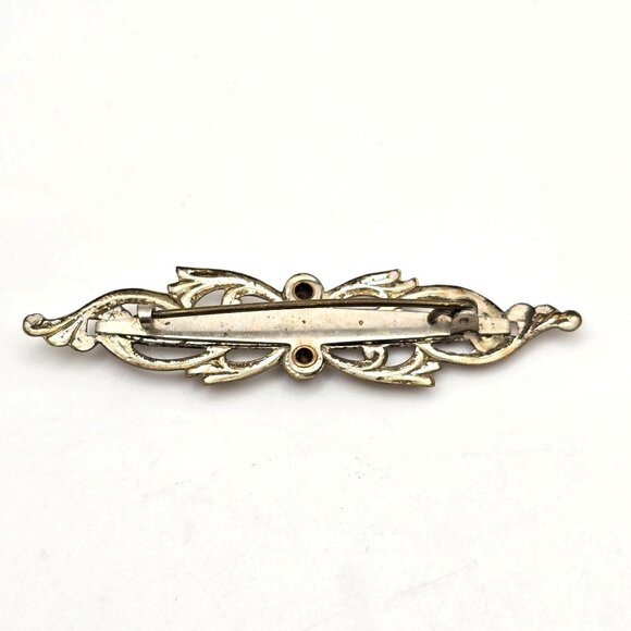 Antique Mother of Pearl Bar Brooch 2.5" Mixed Tone Metal & Paste Stones - Picture 4 of 6